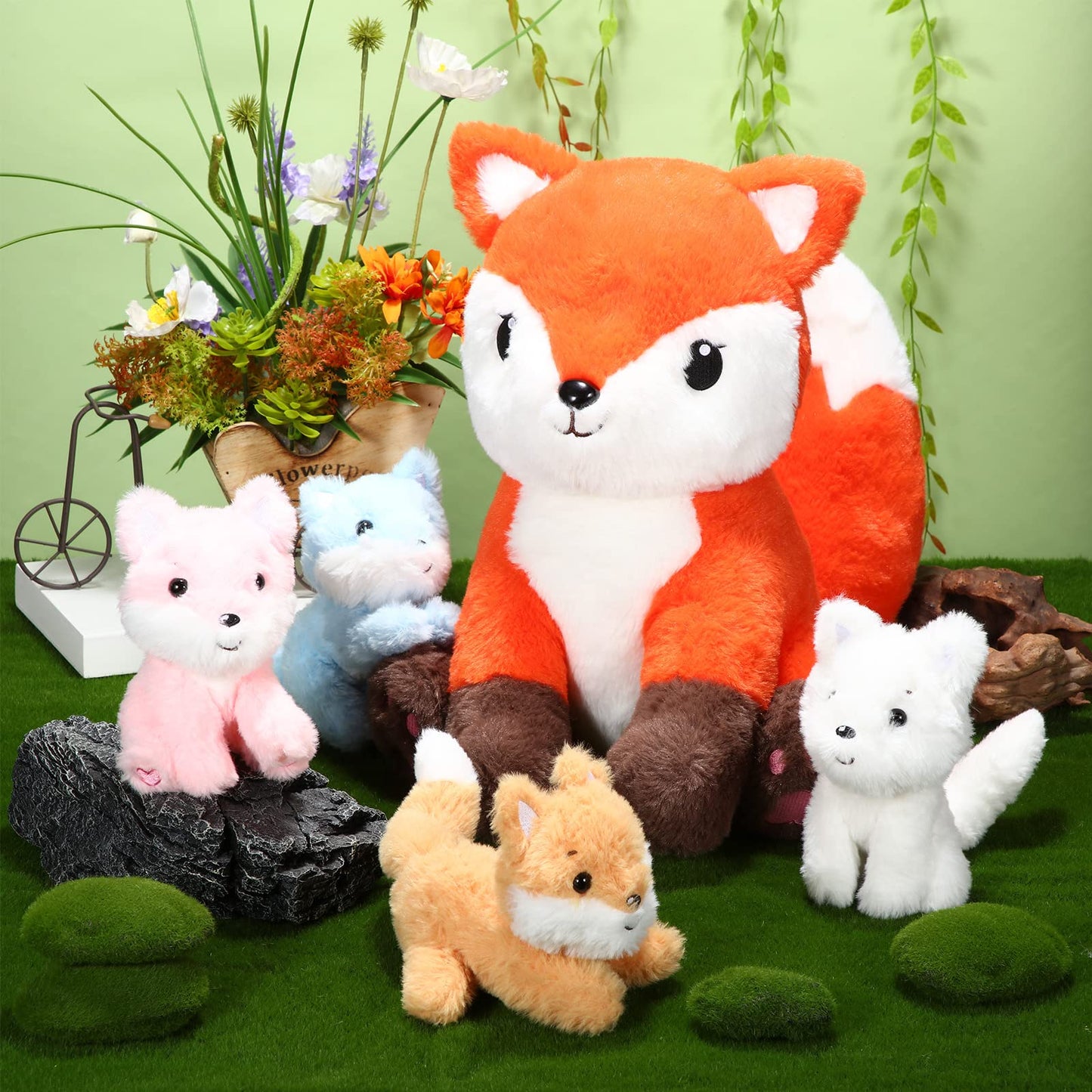 Hydren 5 Pcs Fox Plush Toy Set 14 Inch Mommy Fox Stuffed Animal With 4 Cute Plush Baby Foxes In Tummy Soft Cuddly Fox Plushies F