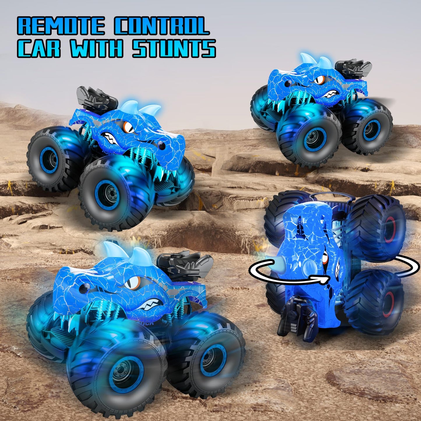 HONGID Dinosaur Remote Control Car,2.4 GHz RC 4WD Monster Trucks for Boys Girls with Light,Sound&Spray,2 Batteries,Dinosaur Toys