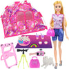 Ecore Fun 15 Pcs Doll Camping and Accessories Set for 11.5 Inch Girl Doll Includes Doll Tent Clothes Chair Camera Drink Cupcake Donut Telescope Toy Dog Bag