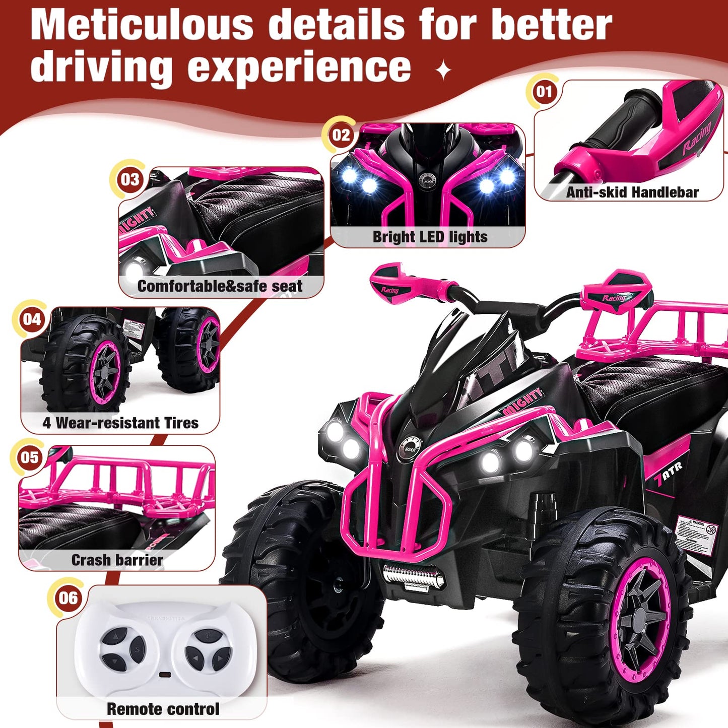 Soar Remote Control Four Wheeler For Kids - Electirc Toddler 4 Wheeler For Kids 3-6, Ride On Atv 12V Battery Powered, Kids Quad With Led Lights, Music, High Low Speed, Usb/Tf, Treaded Tires, Pink