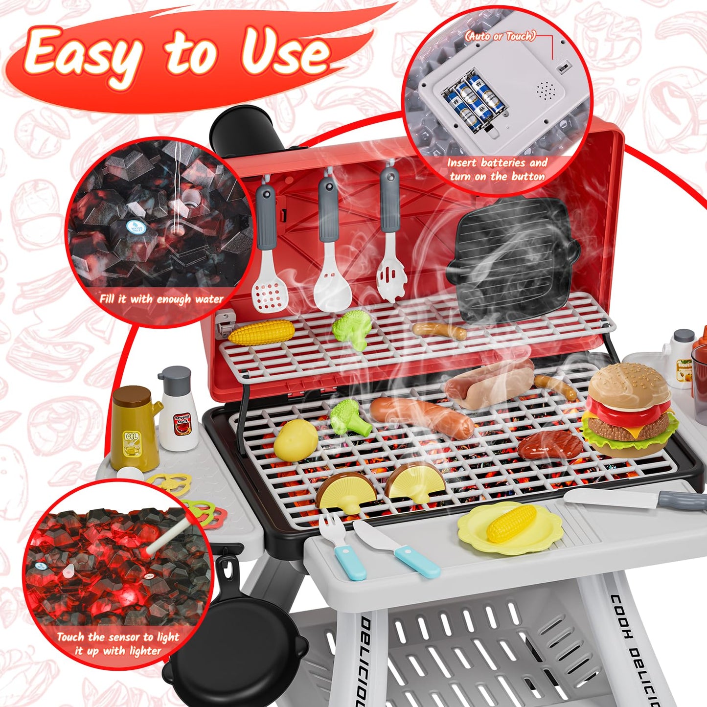 maysida Kids Toys Kitchen Playset, Kids BBQ Grill Playset with Smoke, Sound & Light, Toy Grill for Kids, Pretend Play Food Hambu