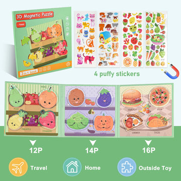 ASTARON 3D Magnetic Puzzle with 80 Puffy Stickers for Toddlers, 42 Pieces 3-in-1 Food Puzzles Preschool Education Learning Trave