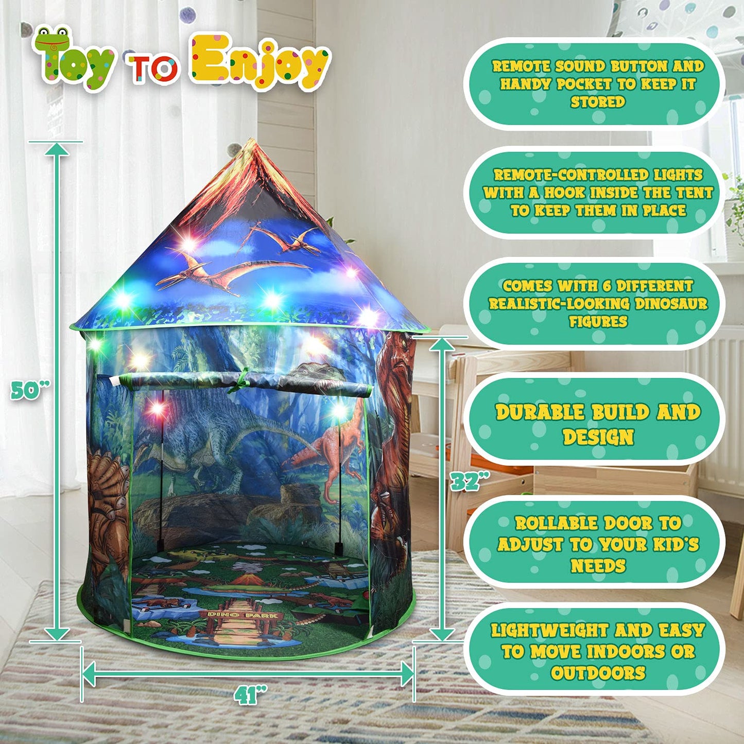 Dinosaur Pop Up Kids Play Tent By Toy To Enjoy Indoor & Outdoor, Boys & Girls Includes Remote Controlled Lights, Roar Sound Butt