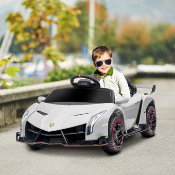 Aosom Lamborghini Veneno Licensed Kids Electric Car With Bluetooth, 12V Ride On Car With Butterfly Doors, Remote Control, Portable Battery, Suspension System, Horn, Songs, Lights, White
