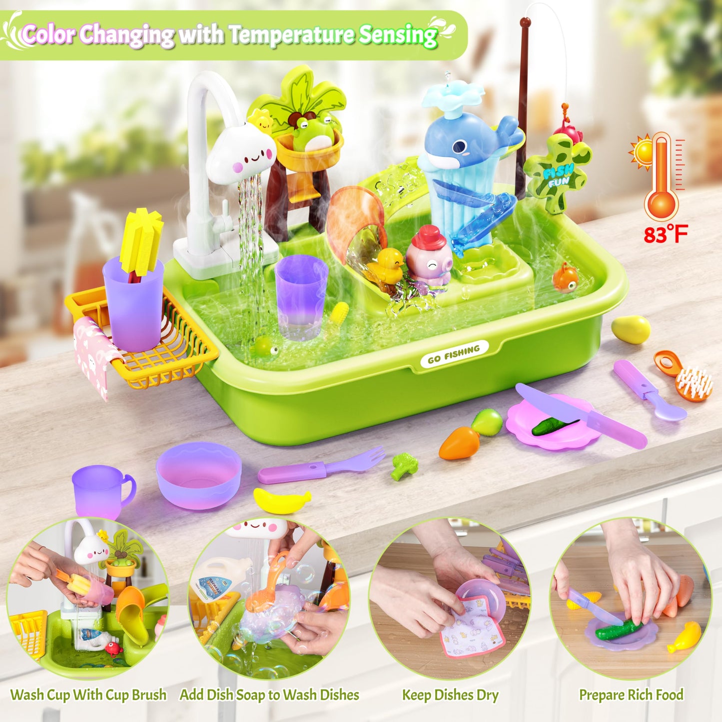Play Sink With Running Water, Color Changing Play Sink With Upgraded Electric Faucet & Pump, Water Table For Toddlers 1-3, Prete