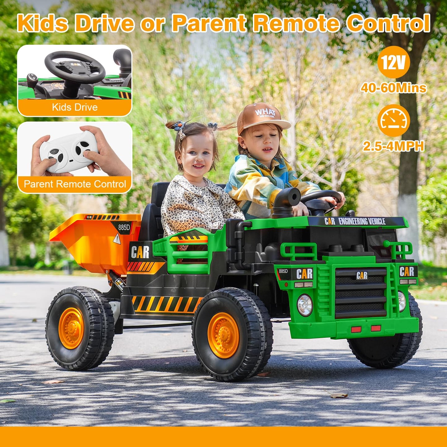 2-Seater Kids Ride On Toy Car Truck, 12V Electric Ride On Construction Vehicle For Boys, Remote Control, Key Start, Shovel, Dump
