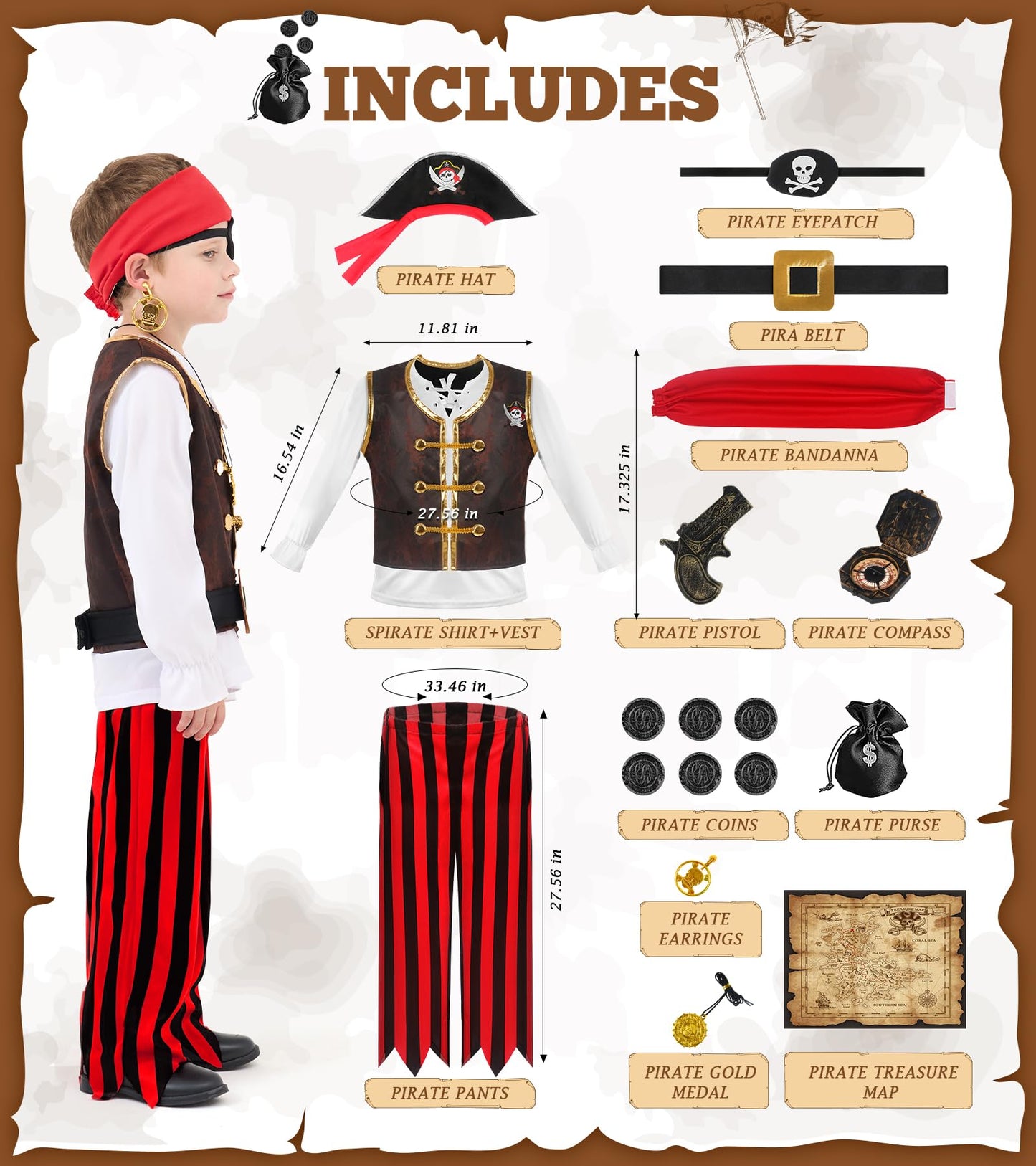 Bibuty Pirate Costume Kids Halloween Costumes For Boys Girls, Pretend Play & Dress Up Clothes For Little Boys Girls Halloween Costumes For Kids, Toddler Boys Pirate Costume Toys Gifts For Kids 3-6