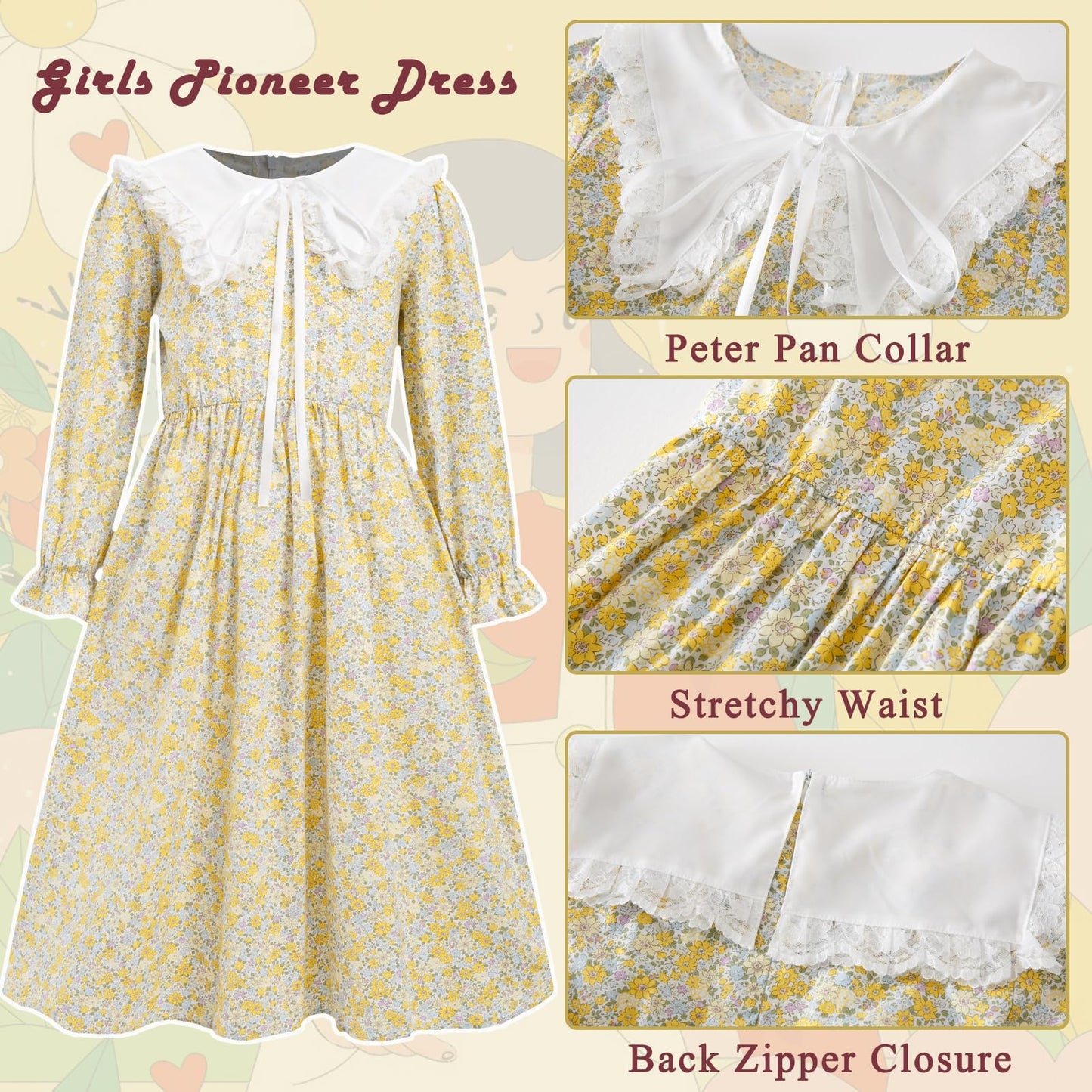 FORTMAC Prairie Dress Girls Pioneer Colonial Costume Floral 1800s Pilgrim Costume with Apron and Bonnet Yellow 7-8Y