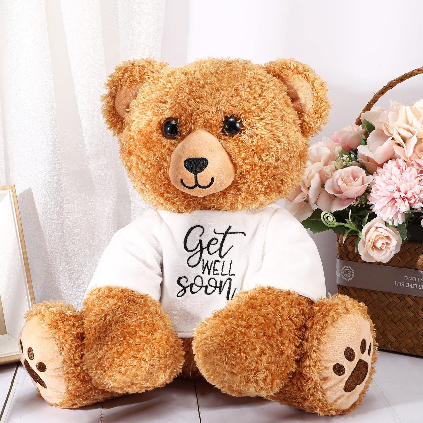 Get Well Soon Bear 16 Inch Bear Stuffed Animals With White T-Shirt Feel Well Soft Bear Plush Hospital Gifts For Boy And Girl (Classic Style)