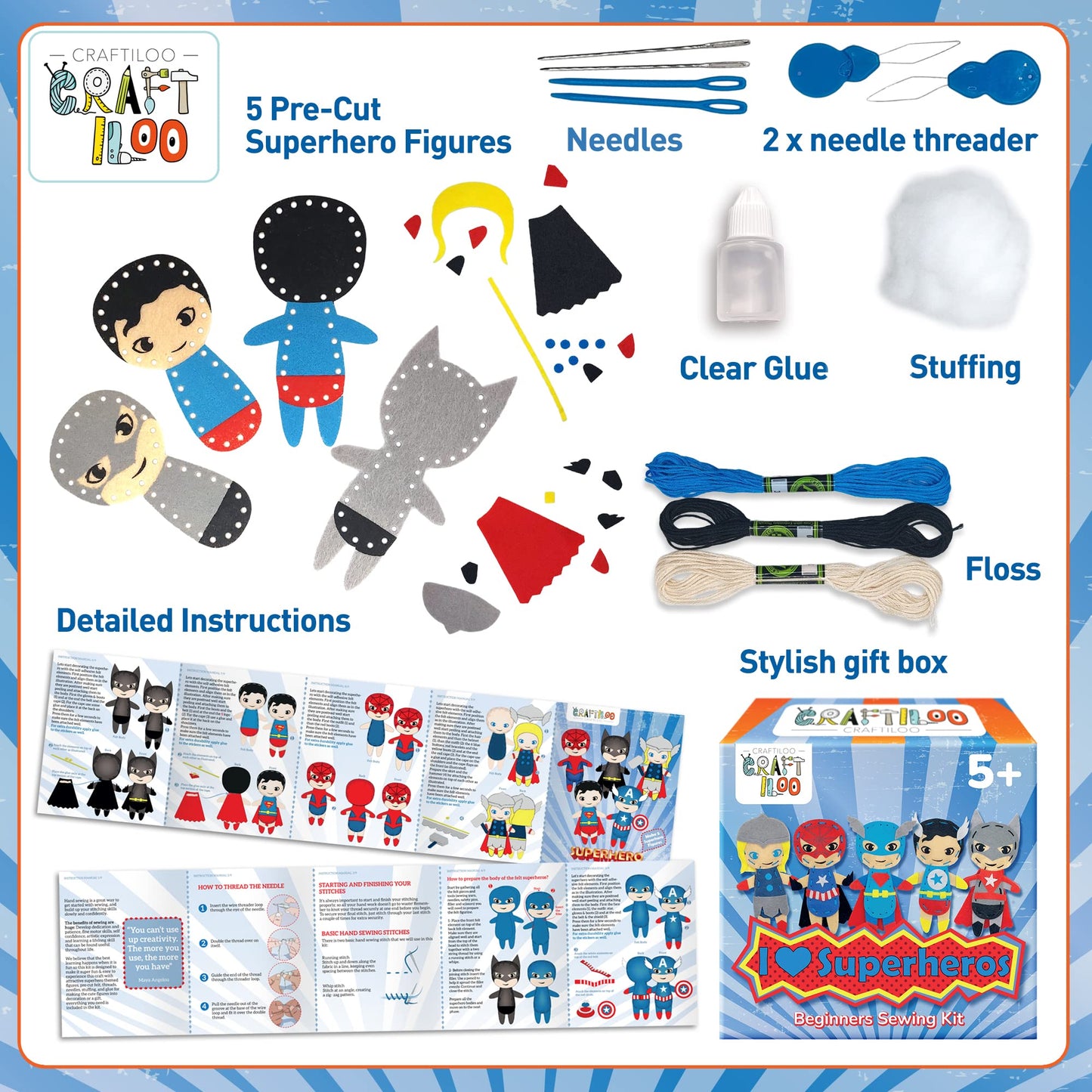 Craftiloo Superhero Sewing Kits For Little Kids 5 Easy Projects For Children Beginners Sewing Kit Kid Crafts Make Your Own Felt