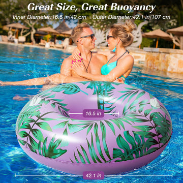 HeySplash Pool Tubes for mature-themed 42 Inch Large Pool Floats with Handles Inflatable Swim Rings Lounge Hawaii Fun Swim Floaties Swimming Pool Beach Lake River Party Decoration Toys Pink+Green Leaves