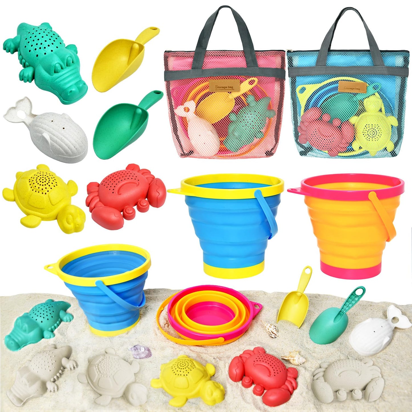 Aclarastra Collapsible Beach Sand Toys for Kids - Travel Beach Toys with 2 Collapsible Beach Buckets, Mesh Bags, Sand Molds, San