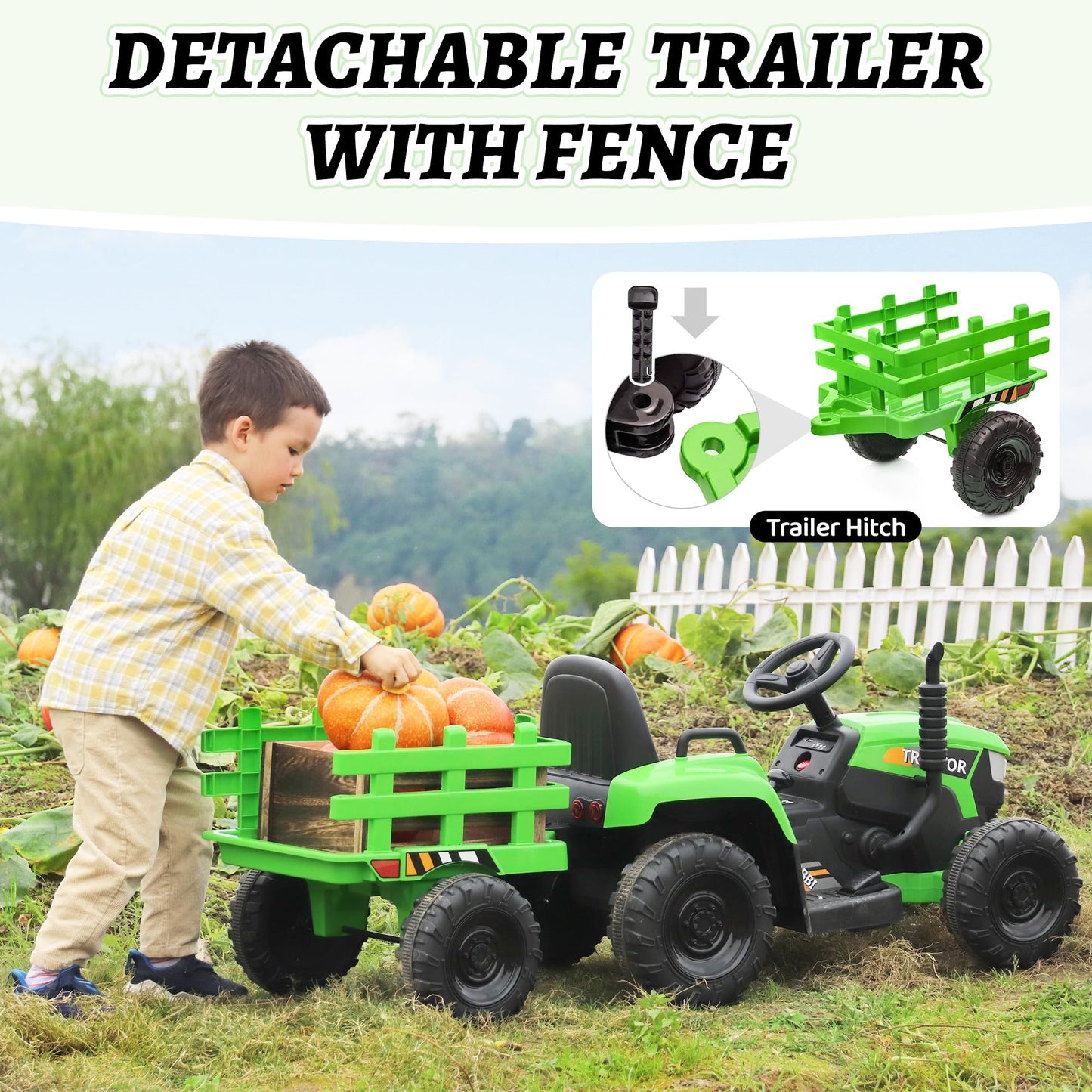 Tobbi 12V Battery-Powered Toy Tractor With Trailer And 35W Dual Motors,3-Gear-Shift Ground Loader Ride On With Led Lights And Usb Audio Functions, Green