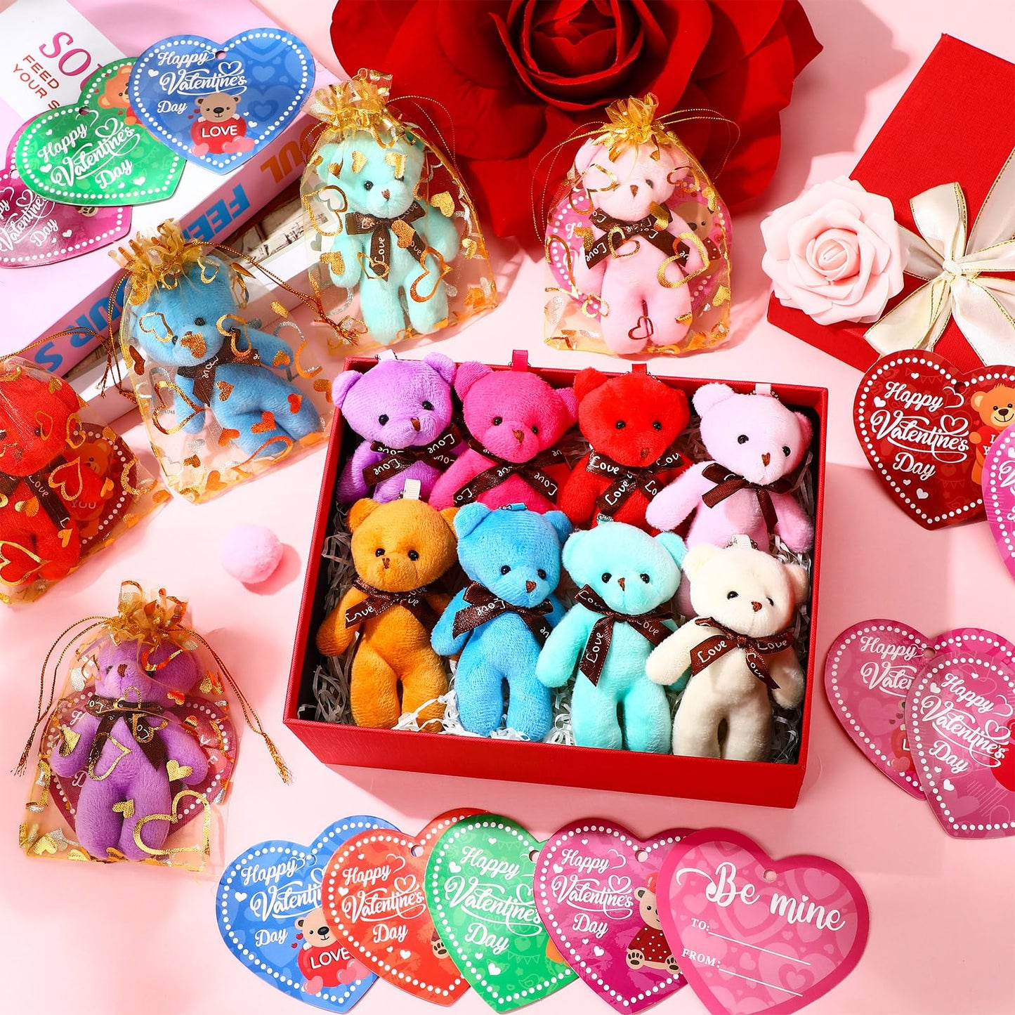 Blueweenly 40 Pack Valentine'S Day Mini Plush Bears With Heart Cards And Organza Bags 4.7 Inch Small Stuffed Bear For Valentine'