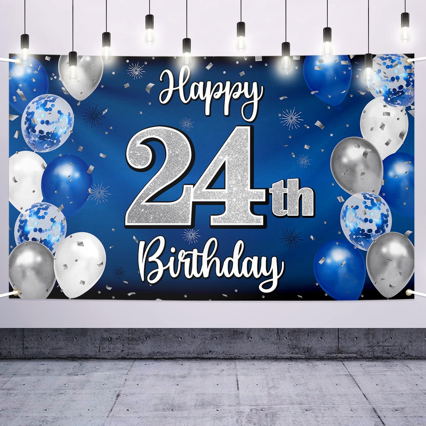 Nelbiirth Happy 24th Birthday Decorations,24th Blue & Silver Balloon Large Birthday Banner Backdrop Sign,24th Bday Party Supplie