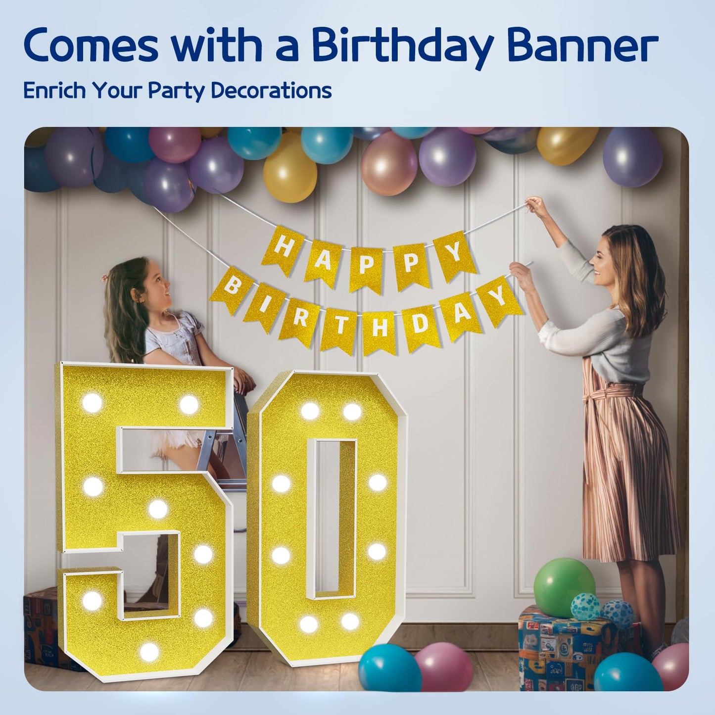 Imprsv Marquee Numbers Gold 50Th-Birthday Decorations: Large 3Ft Light Up Number 50 Birthday Decoration For Women Men Fifty Year