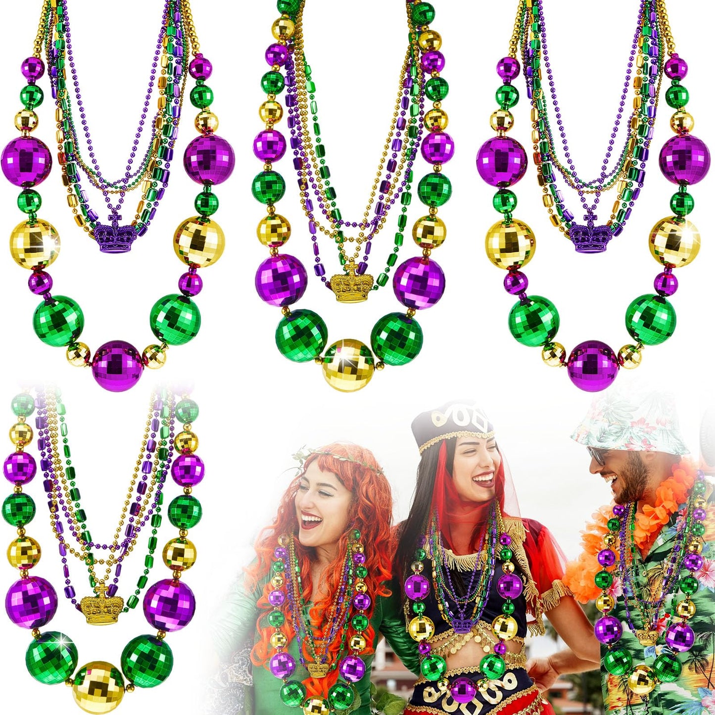 Henoyso 2 Set 50'' Jumbo Mardi Gras Beads Necklaces Lighed/Unlighted Assorted Costume Necklace Metallic Necklace Party Mardi Gra