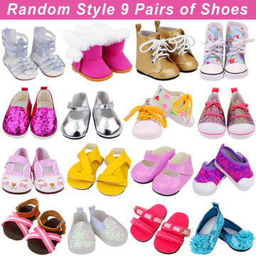 Ecore Fun 18 Inch Girl Doll Accessories Includes Random Style 9 Pairs Of Shoes Fit For 18 Inch Girl Doll Shoes Including Snow Boots, Leather Shoes, Sandals, Slipper
