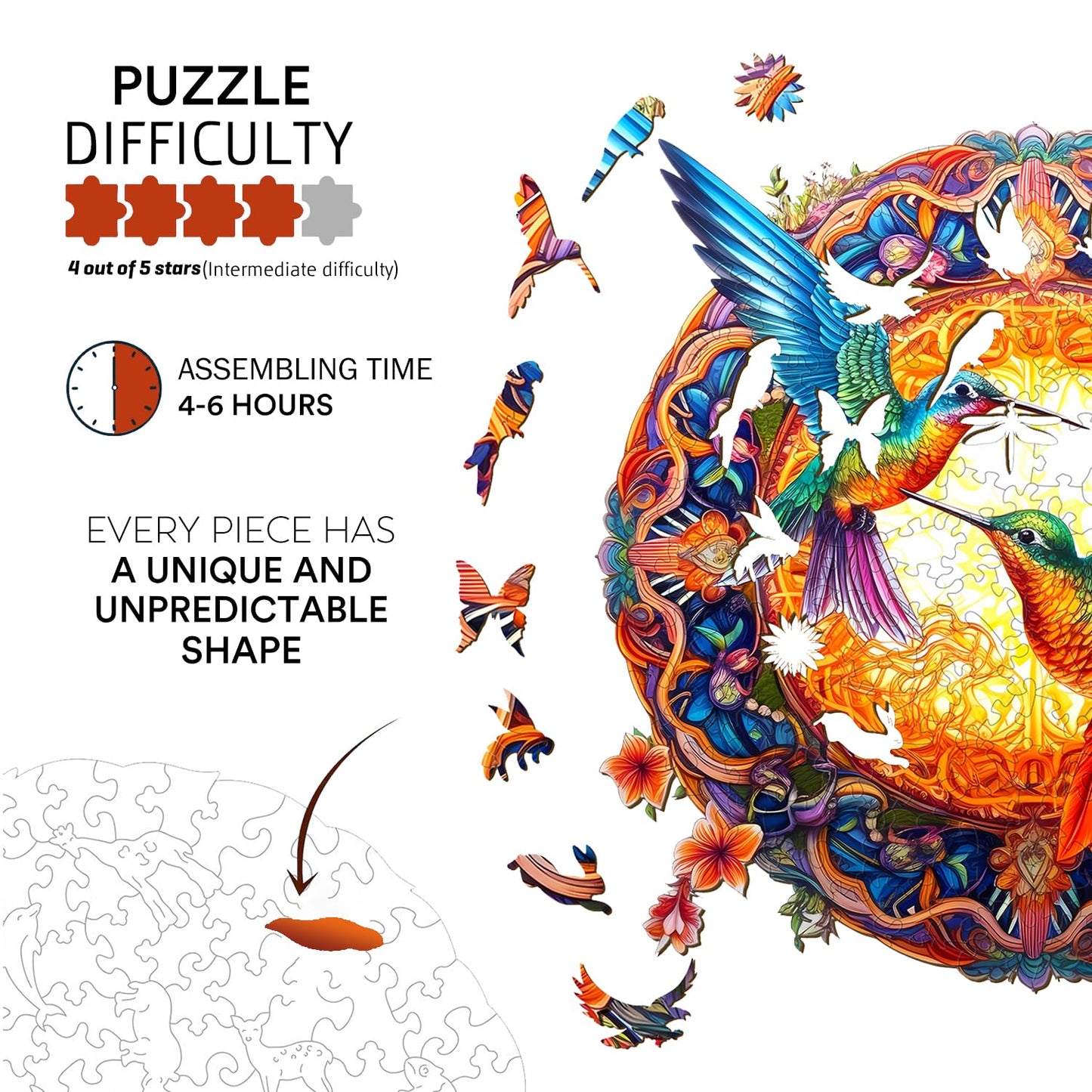 Jigfoxy Wooden Puzzles For Adults, Hummingbird Wooden Jigsaw Puzzles, Unique Animal Shape Puzzles, Christmas Thanksgiving Gifts For Family Friend(M-11.8 * 11.8In-200Psc)