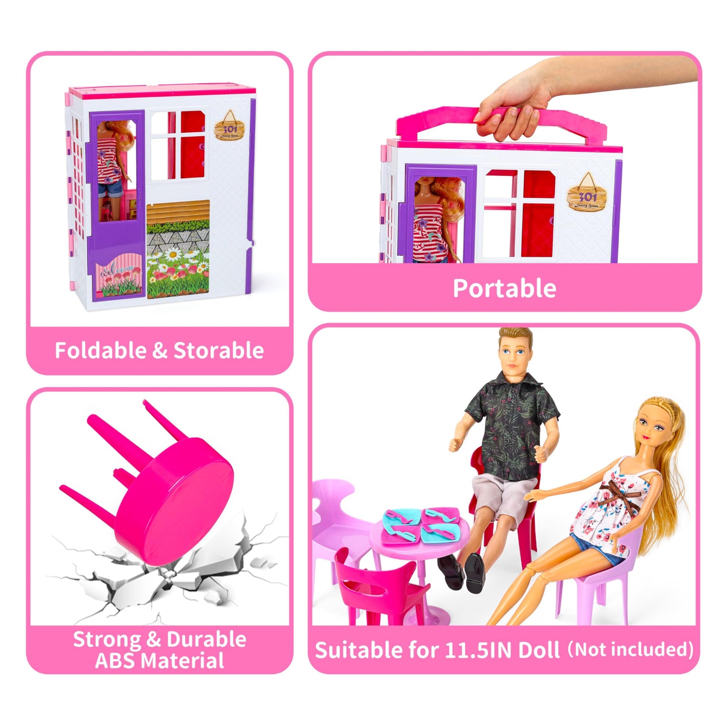 Style Shine Doll House Portable & Foldable Dollhouse W/ 60+ Pcs & 2 Dolls, Play House Toy With Bedroom Bathroom Kitchen Furnitur