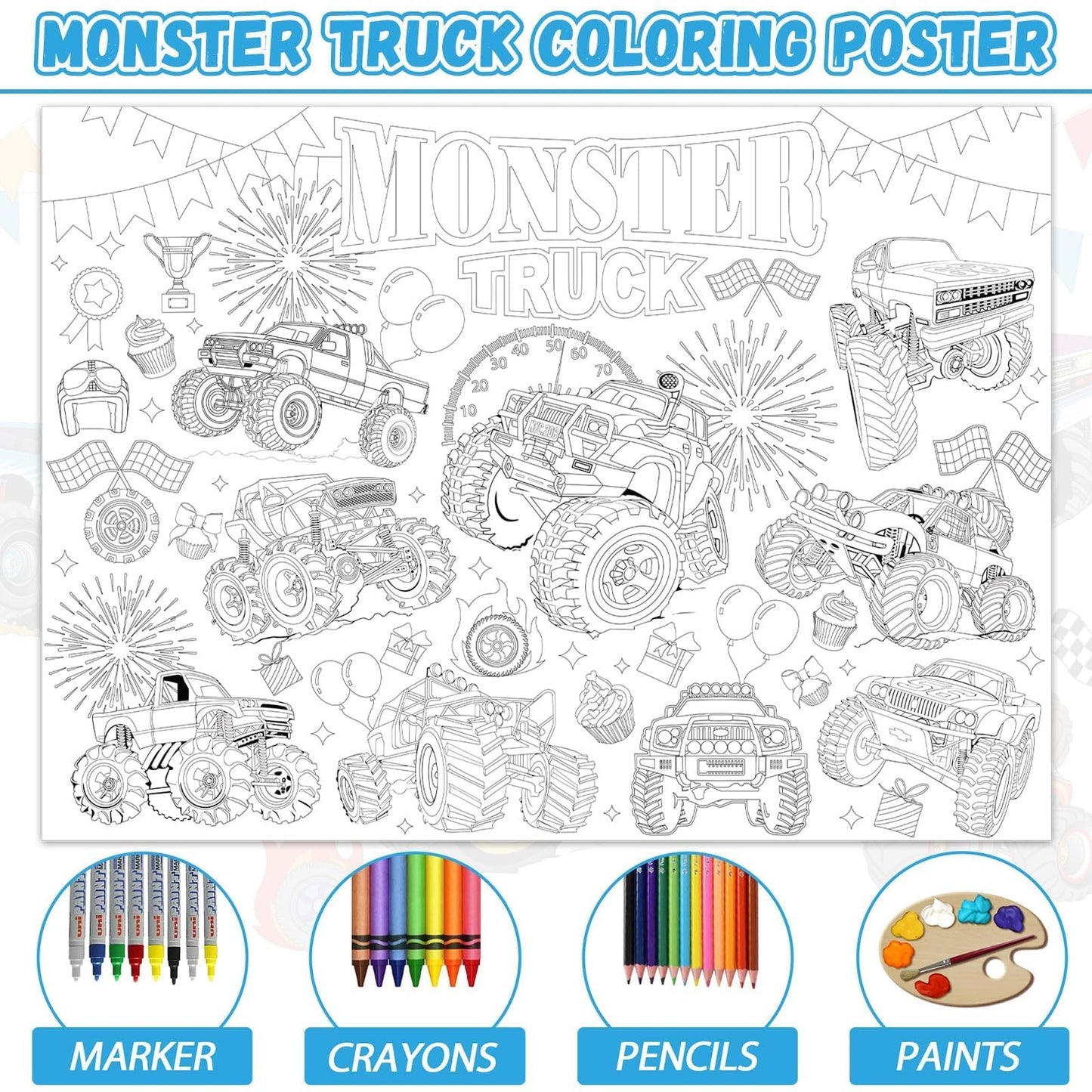 Naozinebi Monster Trucks Coloring Poster For Kids Giant Coloring Poster Large Monster Coloring Tablecloth Jumbo Coloring Books F