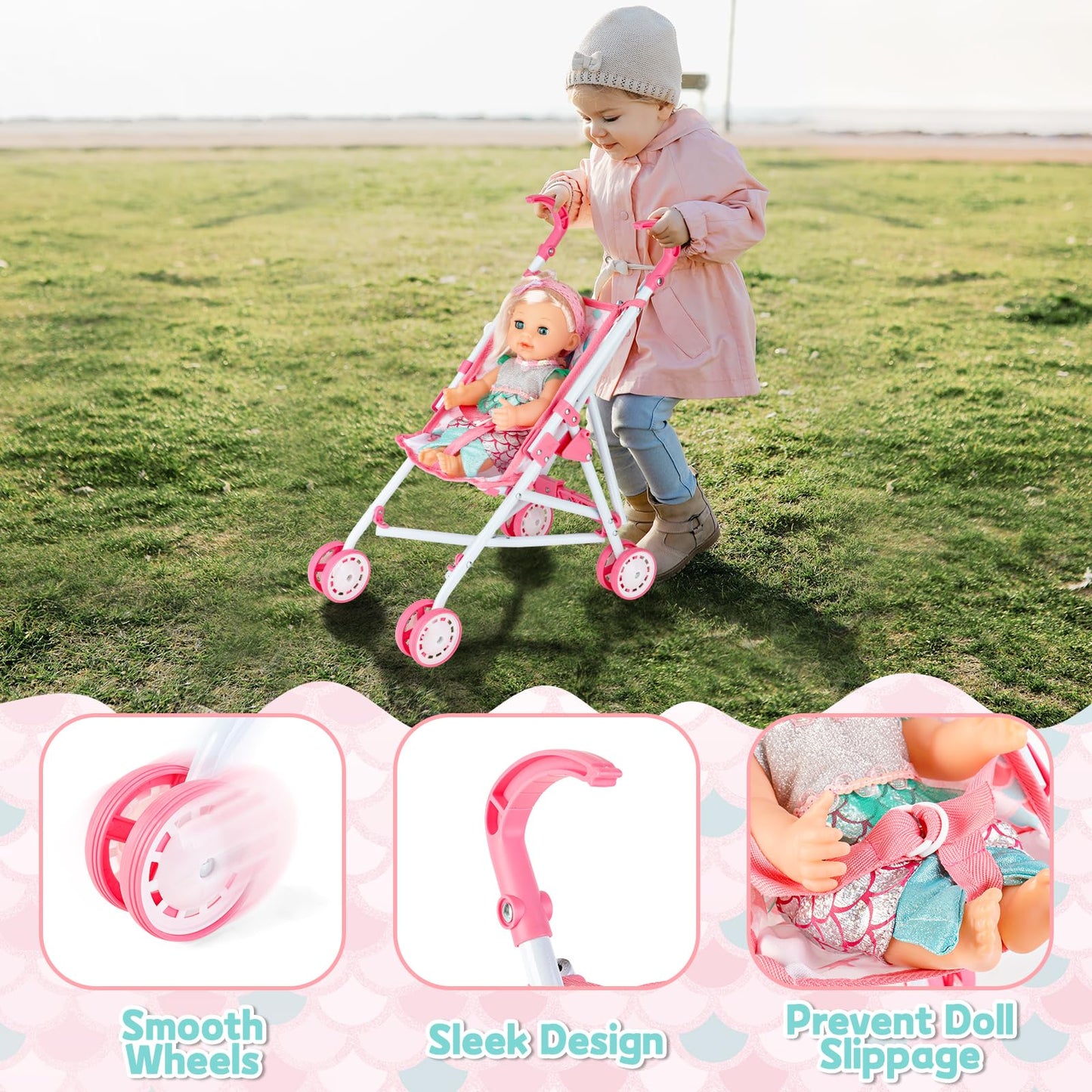 Deao 12 Inch Baby Doll Stroller Play Set,14 Pcs Baby Doll Accessories With Foldable Doll Stroller,Crib,Play Mat,Doll Clothes And Travel Bag,Pretend Play Baby Care Toy Gift For 3 4 5 Girls