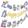 Raccoon Birthday Party Banners 3Pcs Gold Glitter Happy Birthday Decorations Woodland Themed Forest Animal Baby Shower Supplies