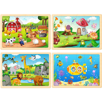 Tqu Wooden Puzzles Toys For Kids Ages 4-6 3-5, Set Of 4 Packs With 24-Piece, Farm, Zoo, Insects, Sea Animals Wood Jigsaw Puzzles