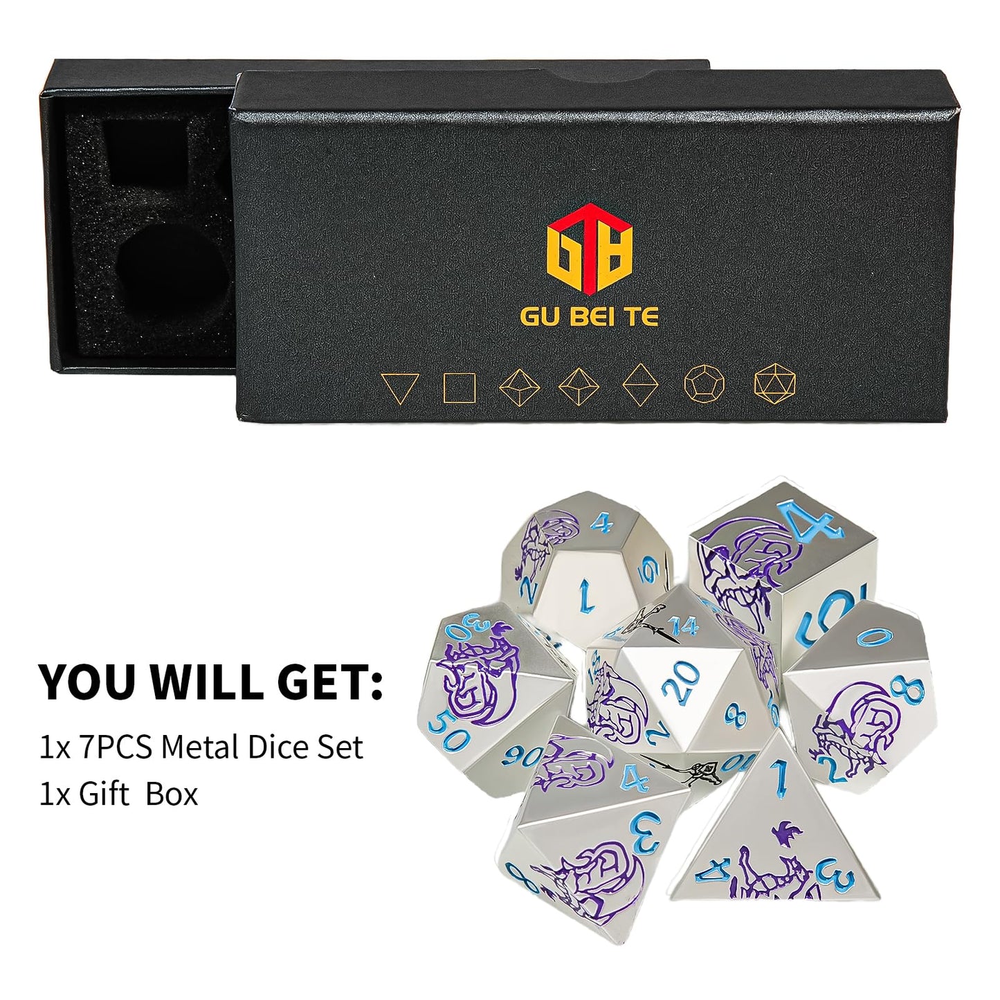 GU BEI TE Metal DND Dice Set,Dragons and Warriors DND Dice 7-Pcs Metal Polyhedral Dice Set for Dungeons and Dragons RPG MTG Tabl