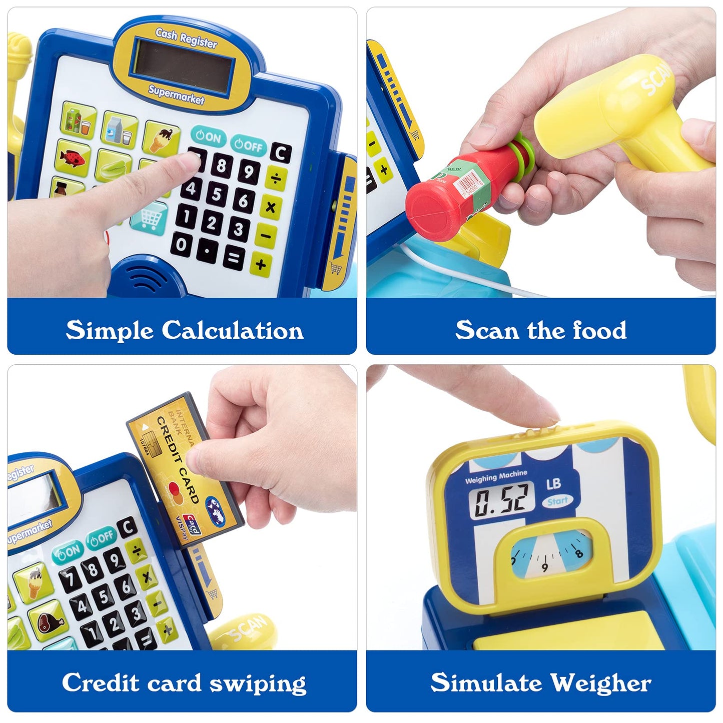 SUPERHIGH Cash Register for Kids - Blue & Yellow Toy with Scanner, Cuttable Food, Microphone - Perfect Gift for Toddlers 3-8 Years