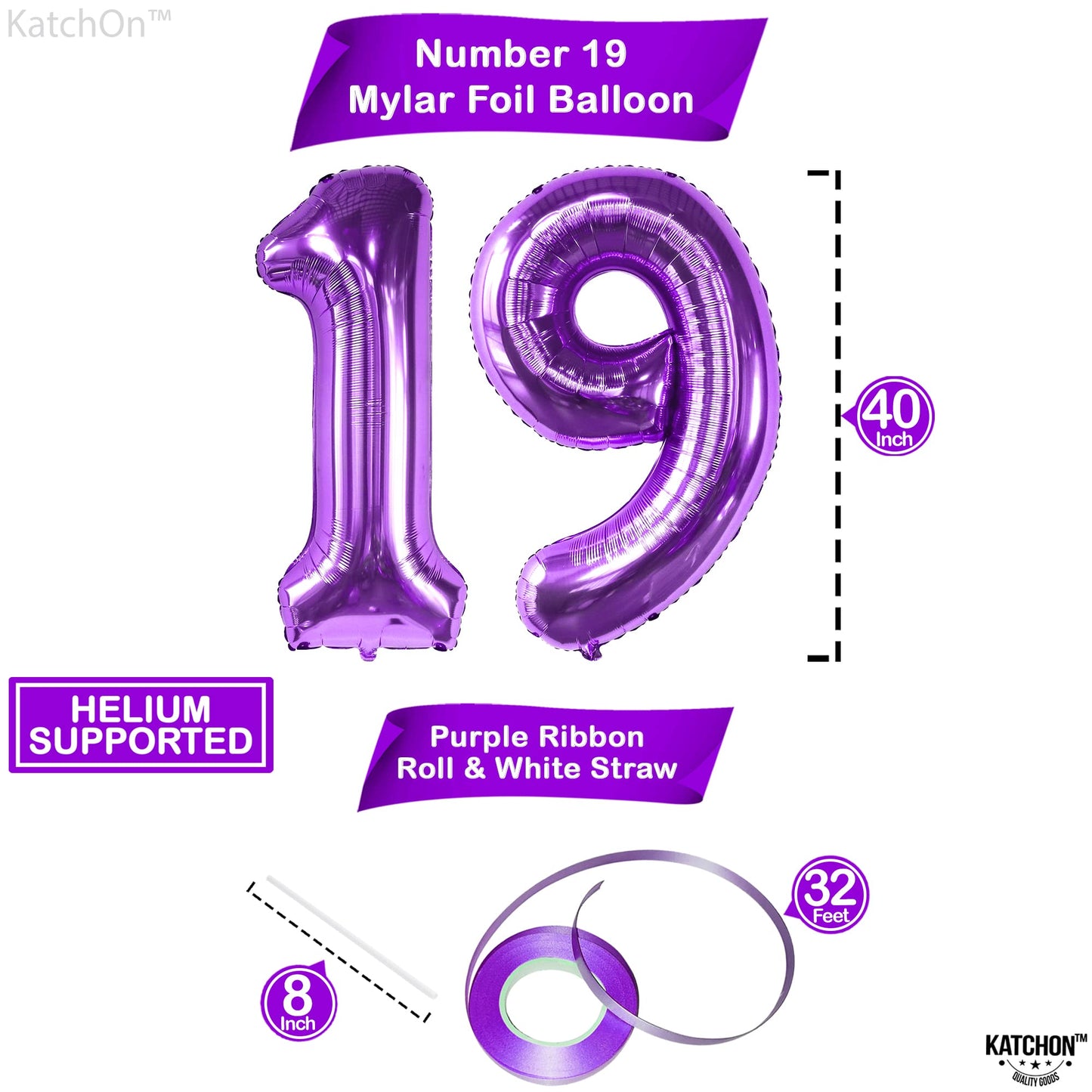 Katchon, Giant 19 Birthday Balloons Purple - 40 Inch | 19 Balloons For 19Th Birthday Decorations | Purple 19 Balloon Number | 19Th Birthday Balloons For 19 Year Old Birthday Party Decorations