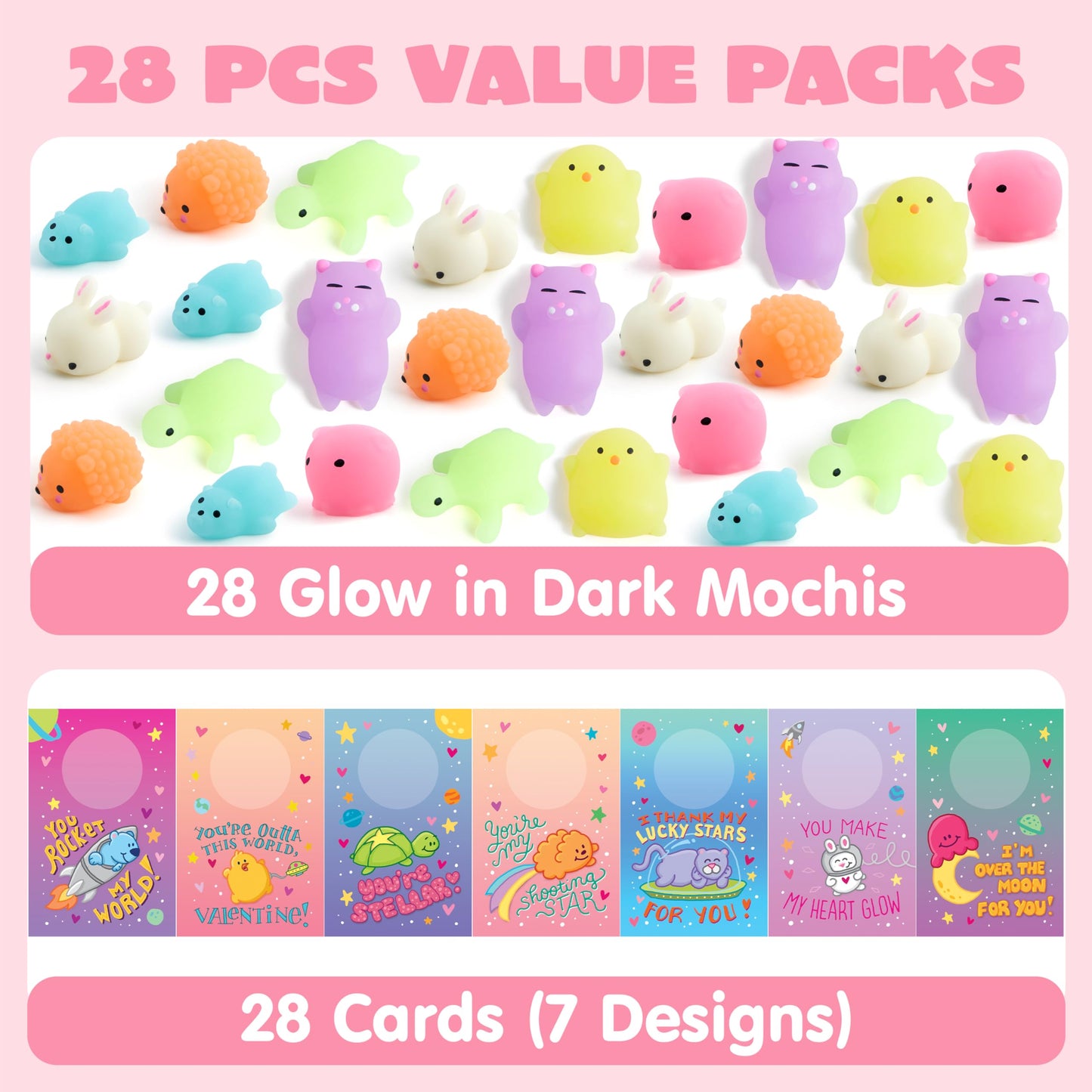 Joyin 28 Pack Gift Cards With Cute Kawaii Mochi Squishy Toy To Squeeze Glow In The Dark Stress Relief Fidget Toy For Kids, Classroom Exchange Prizes Valentine Party Favor