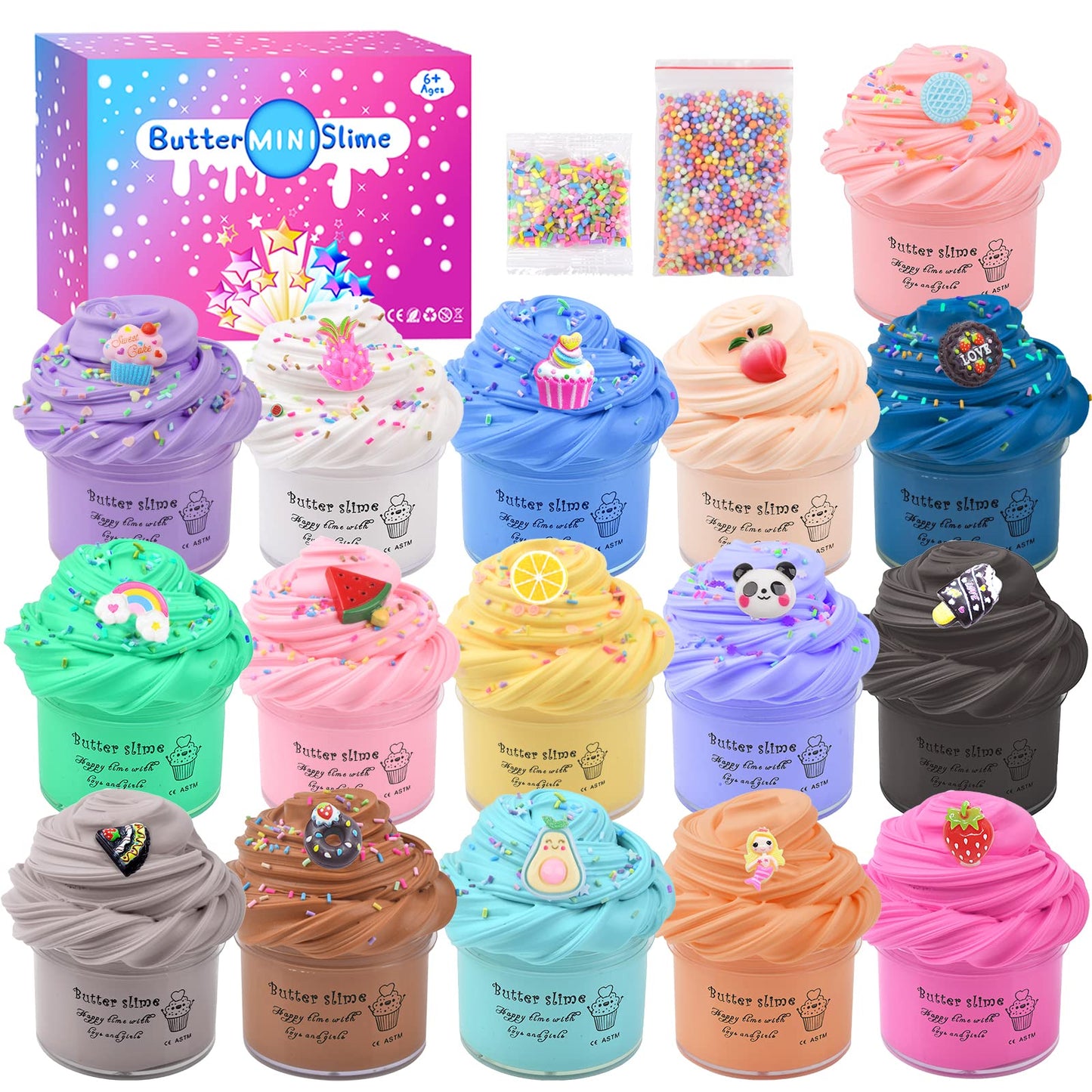 16 Pack Mini Butter Slime Kit For Kids, With Watermelon, Lemon, Cherry, Slime Accessories, Stress Relief Toys For Girls And Boys, For Kid Party, Play Education And Birthday Gift.