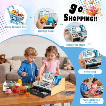 VROGTIK Wooden Cash Register for Kids, Rechargeable Toy with Scanner, Child-Size, Silver, Ages 3-12