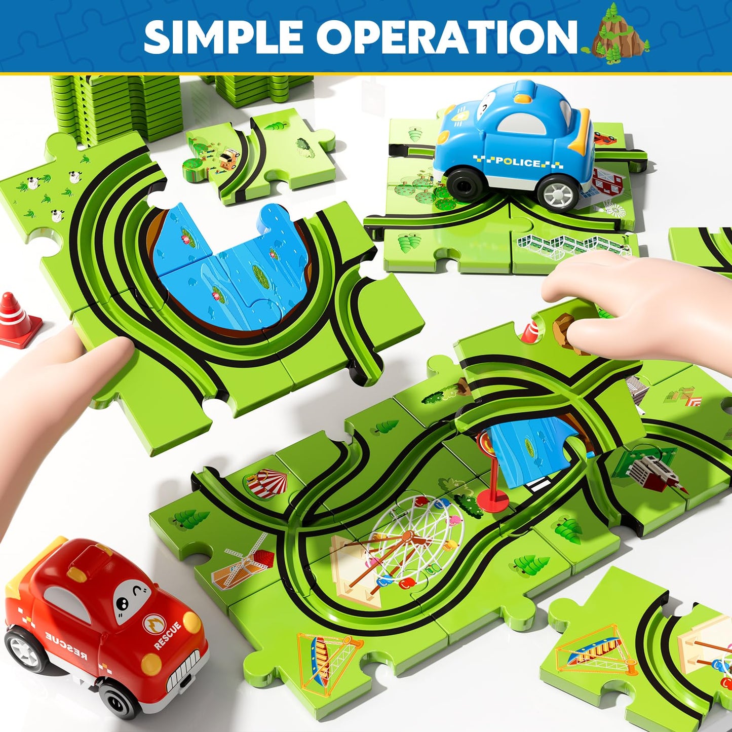 Beby Buty 48 PCS Puzzle Race Track Car Set for Toddlers - Green Plastic Track Toys for Ages 3-5, Gifts for Boys & Girls