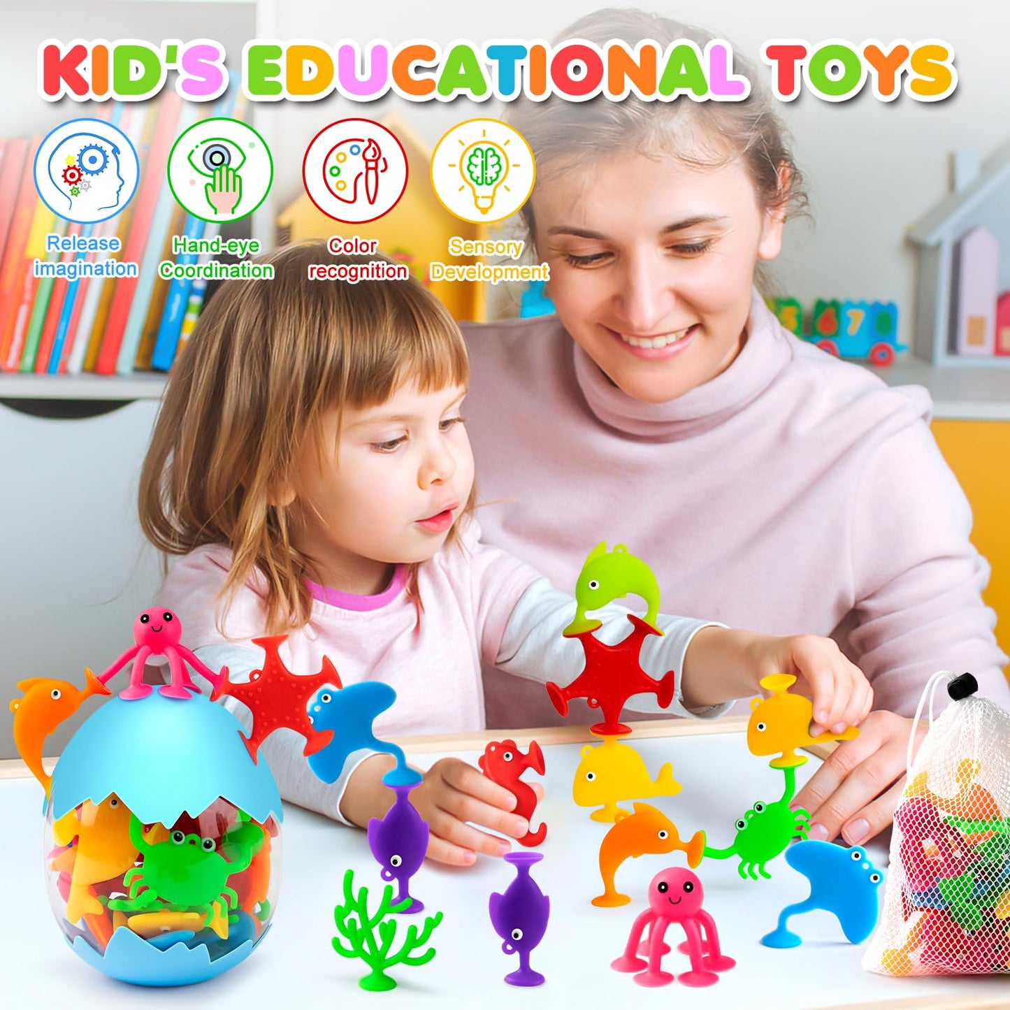 Aukful Suction Cup Toys For Kids Bath Toys, 18Pcs Ocean Animal Suction Bath Toys With Eggshell Storage,Mold Free Bath Toys Toddl