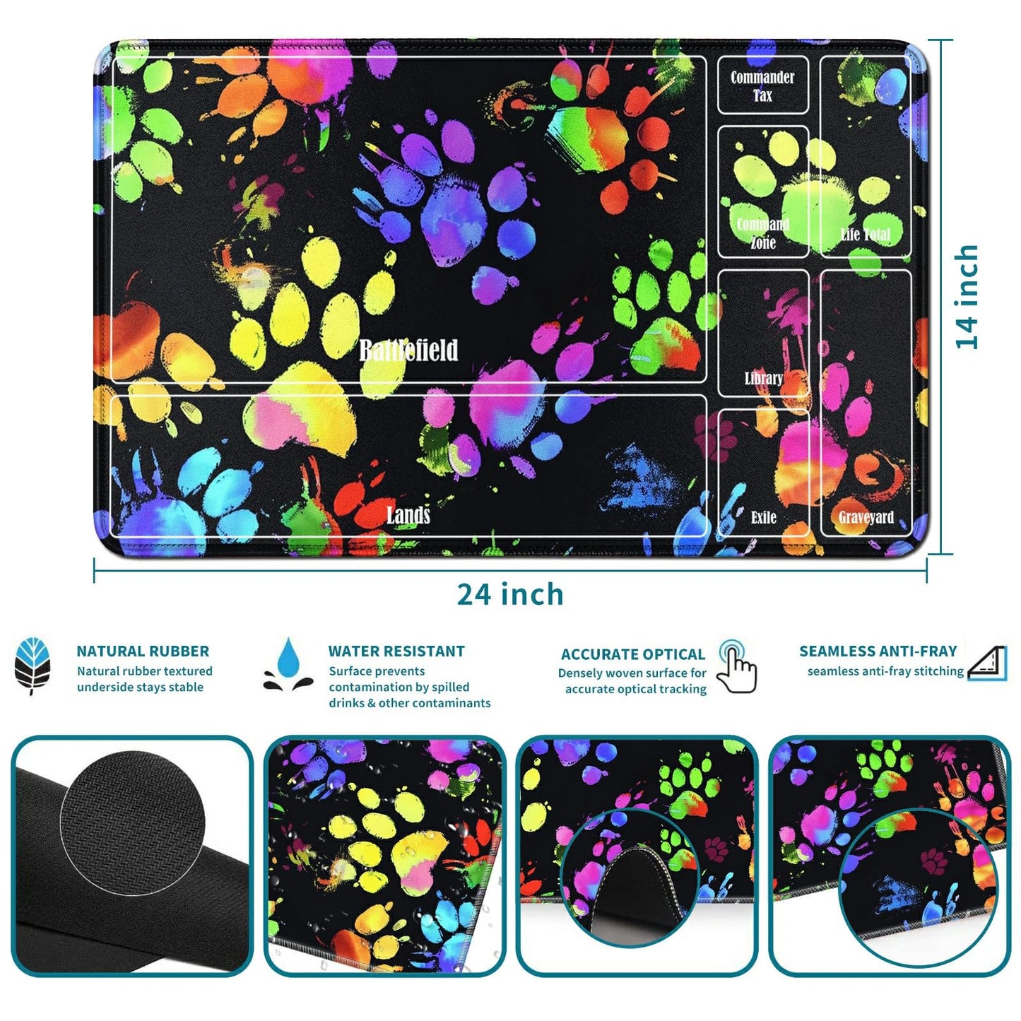 RWUTYTIUL Dog Paw Print Card Playmat 24 X 14 Inch with Tube Bag, Card Gameplay Mat with Zones Commander Deck Board MTG RPG CCG T