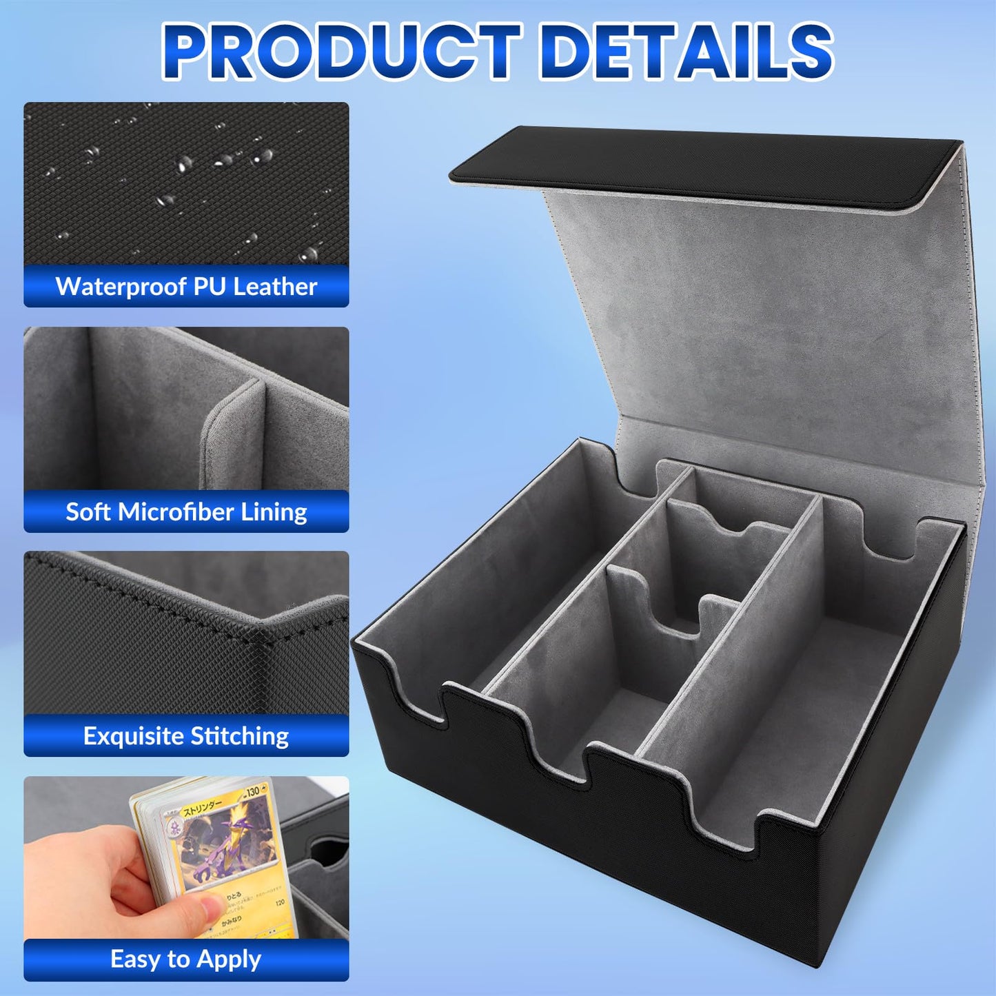 Qlouni Card Storage Box For Trading Cards, Holds 5 Mtg Deck Card Boxes Or 2200+ Cards, Leather Magnetic Closure Tcg Storage Box