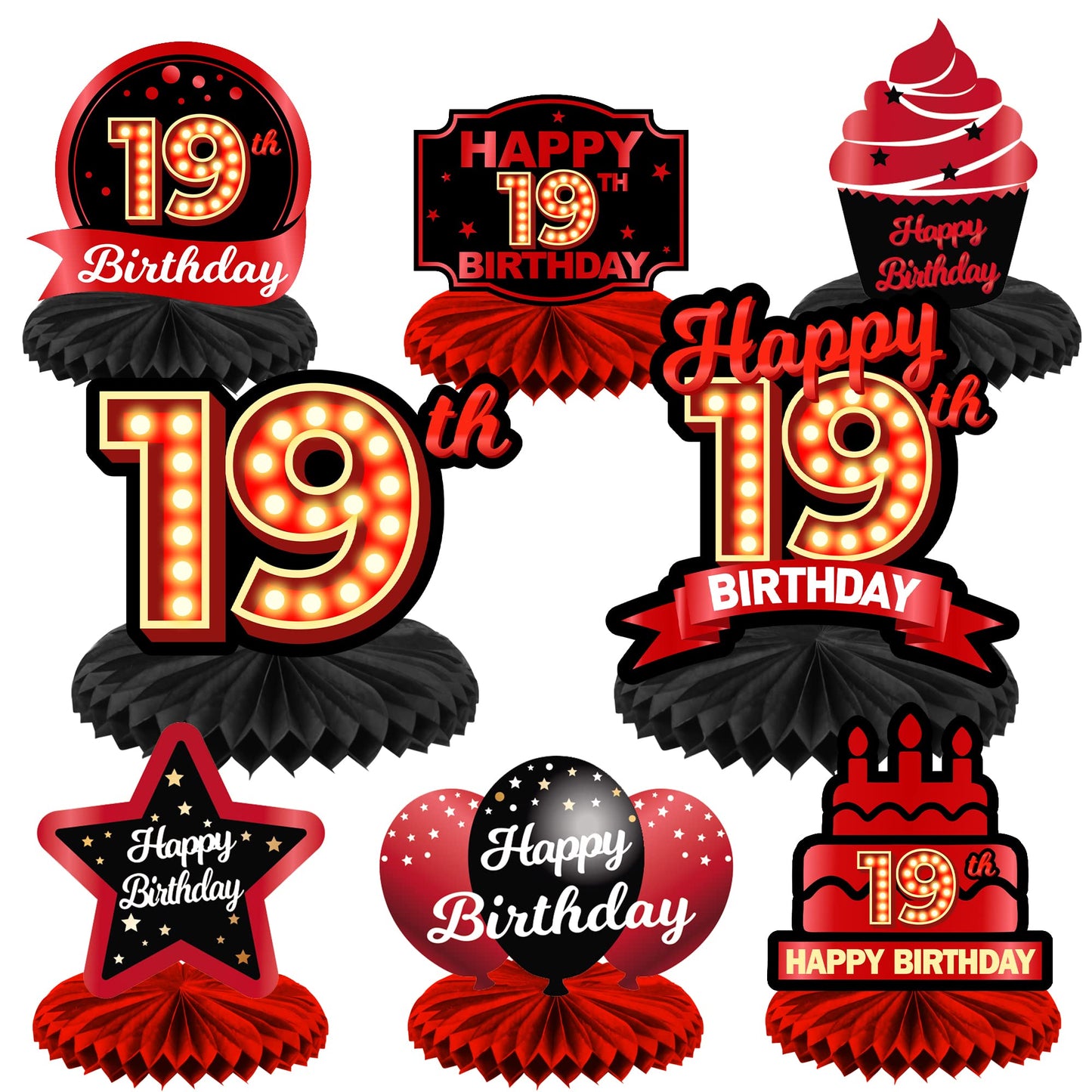 Happy 19Th Birthday Red And Black Table Honeycomb Centerpieces Balloons Theme Decor Table Decorations Table Toppers For Girls Women Princess 19 Years Old Birthday Party Bday Supplies Background Gold