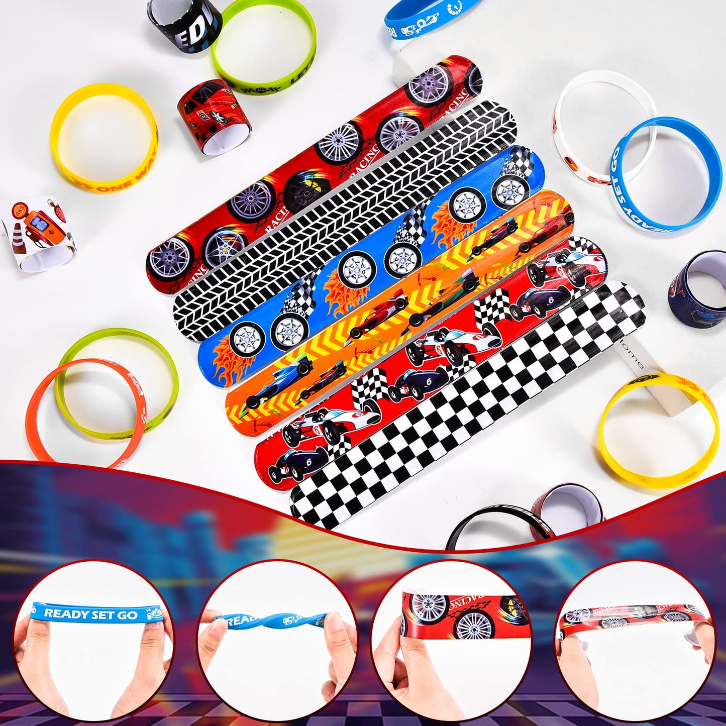Lorfancy 48 PCS Race Cars Party Favors Slap Bracelets for Kids Boys Rubber Bracelets Silicone Wristbands Checkered Flags Car Rac