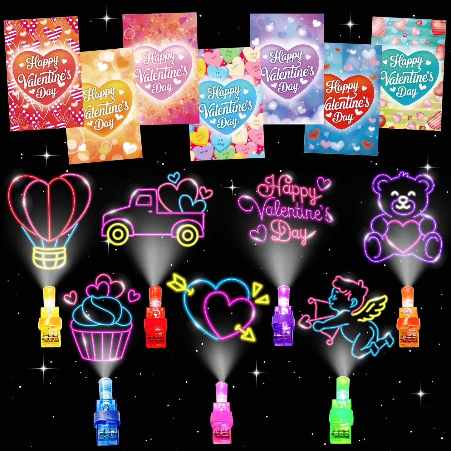 COKOKA Valentines Day Gifts for Kids, 28 Pcs Valentines Day Cards with Finger Lights, Valentine Light Up Toys for Girls School
