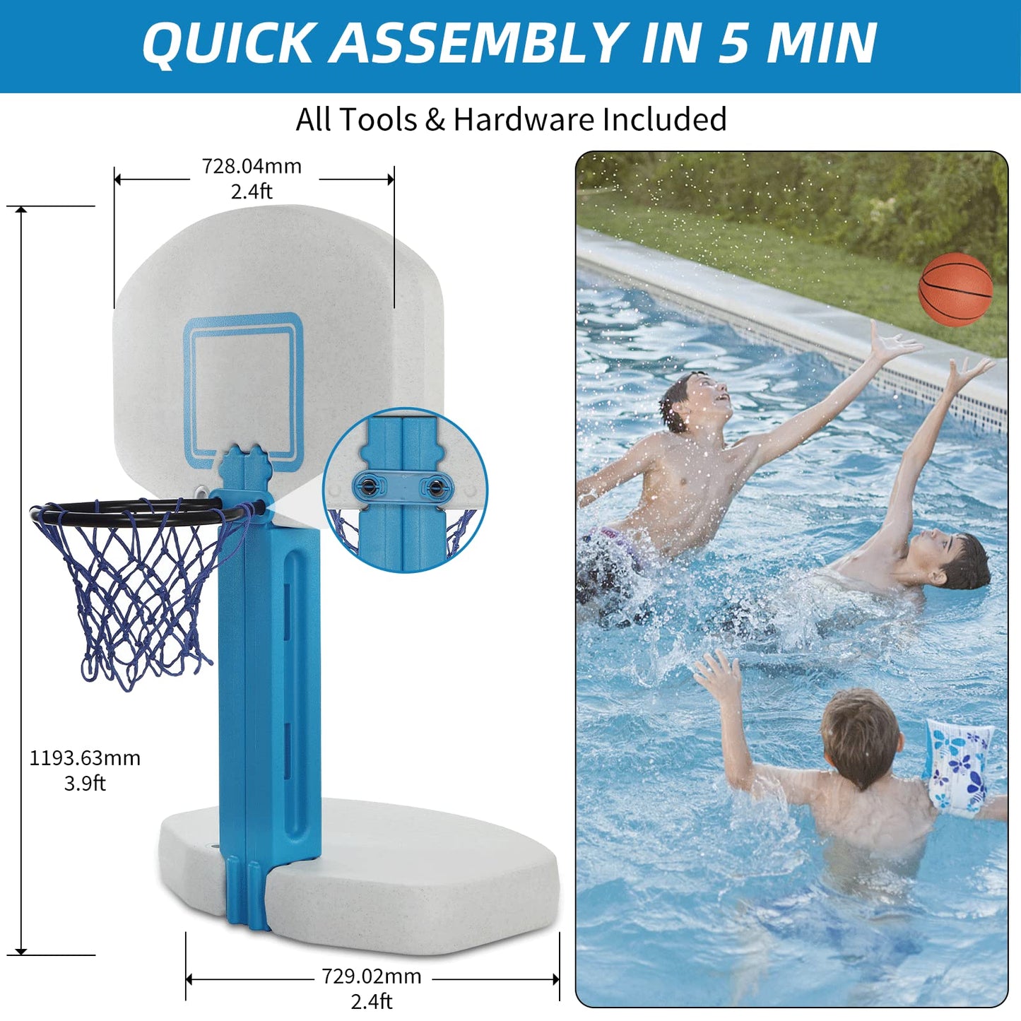 Blue Bay 2-In-1 Pool Basketball Hoop Poolside & Volleyball Set For Inground Pool Games Combo For Swimming Pool.