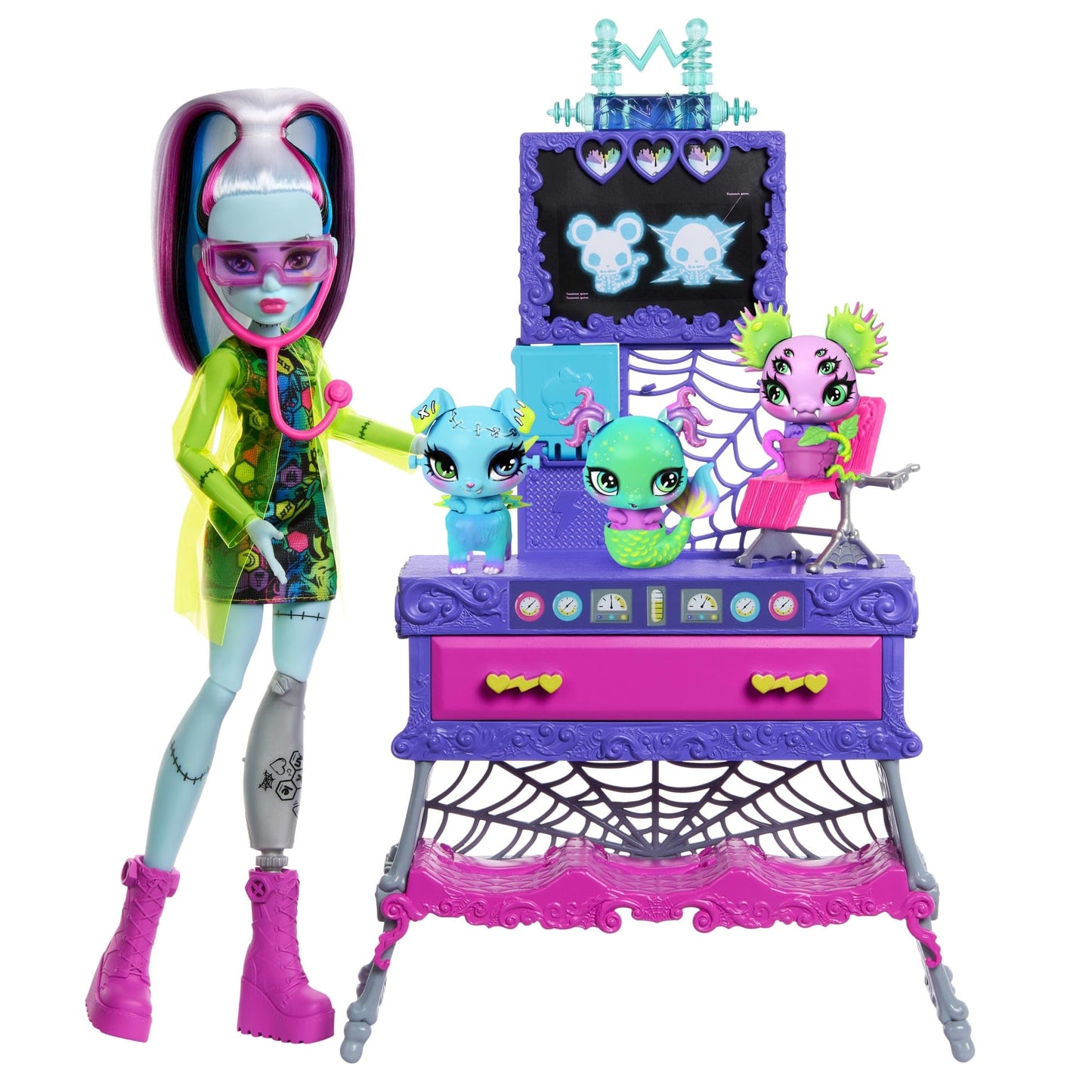 Monster High Make-A-Monster Pet Playset, Frankie Stein Doll and 30+ Accessories for Countless Pet Combos, Mad Science Lab Furnit