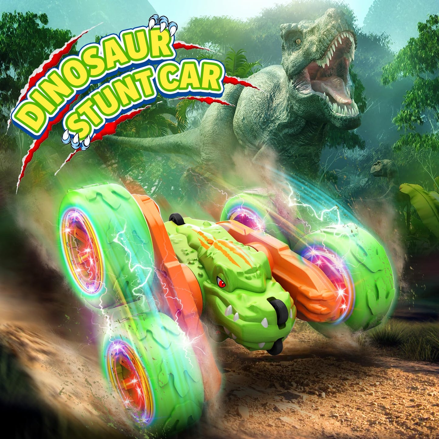 SpringFlower Remote Control Car Toy for Boys 3 4 5 6 7 8 Years Olds, Rechargeable Dinosaur RC Cars,360 Flip Double Sided RC Stun
