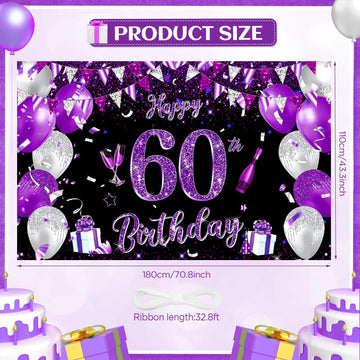 Purple 60Th Birthday Decoration Banner For Women Large Black Purple Silver Happy 60Th Birthday Banner Purple And Black 60Th Backdrop Background For 60Th Birthday Anniversary Party Supplies