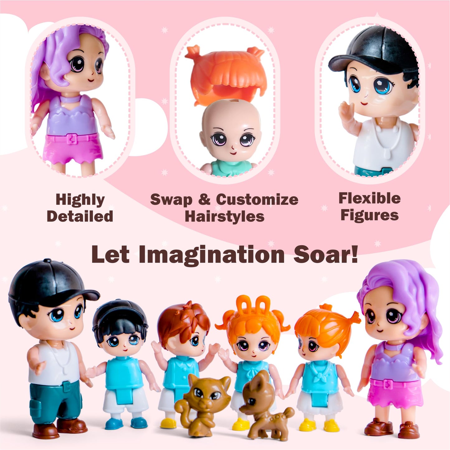 Funerica Dollhouse People, 8 Family Figures And Pets Playset - Bendable Little People Figures - Perfect For Imaginative Fun And Dollhouse Play - Play Doll House Accessories