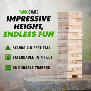 Yard Games Giant 30 Inch Wood Stacking Game, Natural, Indoor/Outdoor with Carrying Case, Model timbers-01