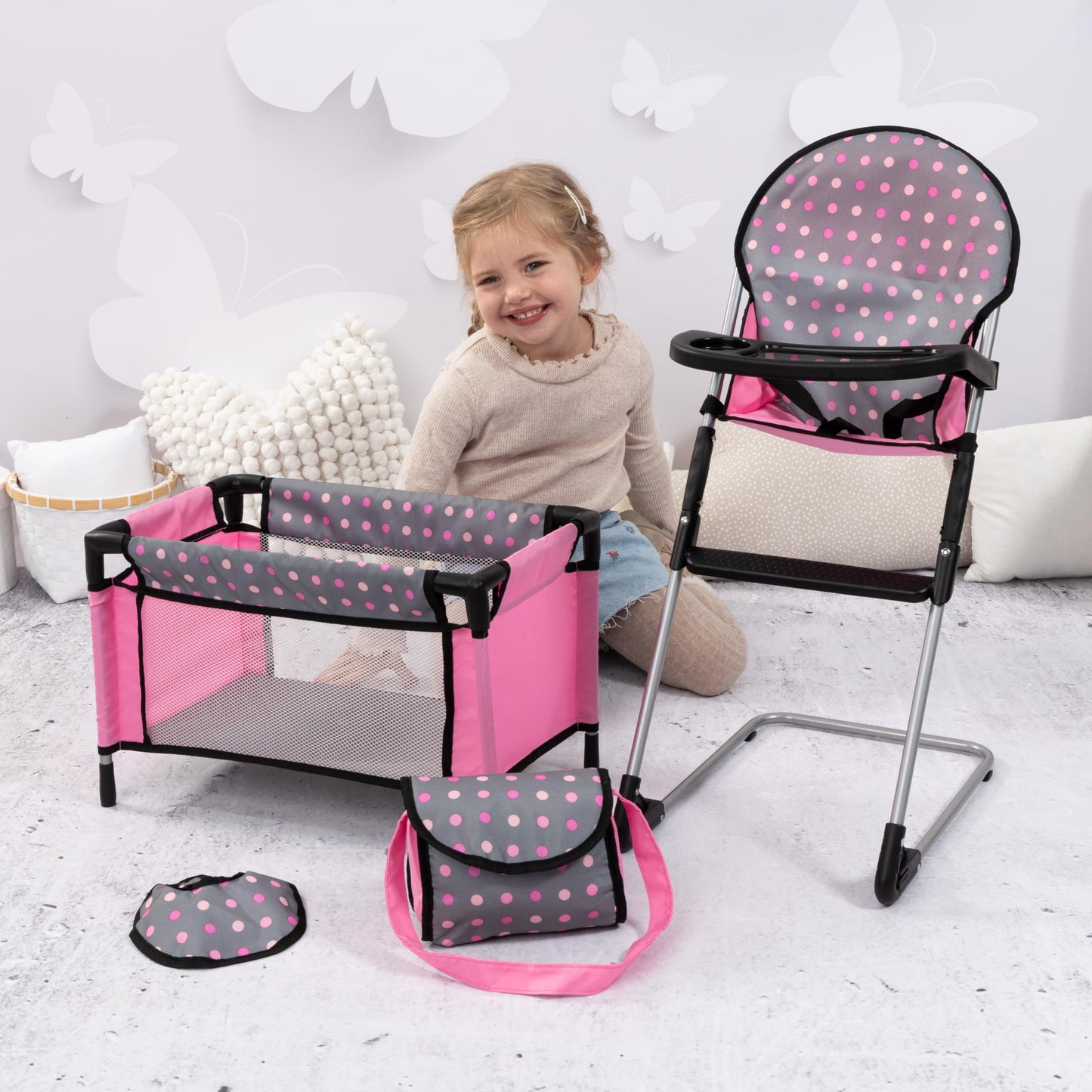 Bayer Doll High Chair/Crib Set, Grey, Pink With Dots