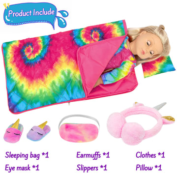 Ecore Fun 18 Inch Girl Doll Clothes And Accessories Set-Colorful Tie-Dyed Sleeping Bag Pajamas Eye Masks Earmuffs Pillow Fits 18 Inch Doll