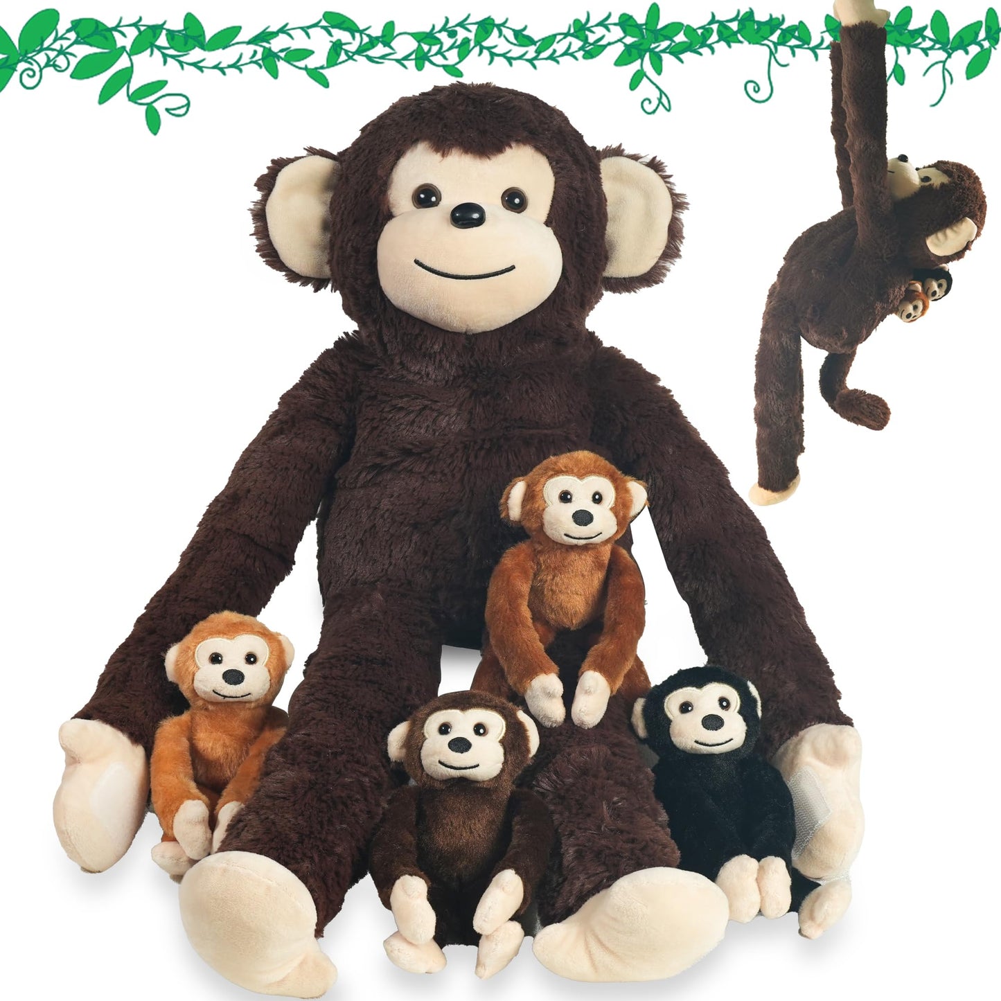 Xyhqyb Monkey Stuffed Animals With Babies Inside, 5 Piece Set Of Mommy And Baby Monkeys Plush In Zippered Pouch, Nurturing Stuff